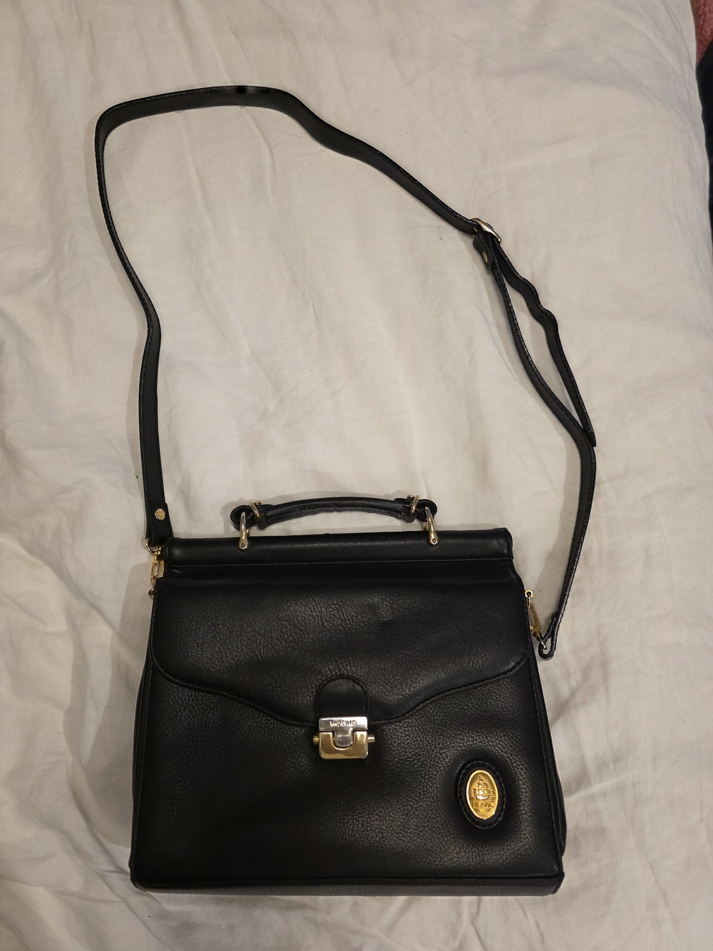Black Leather Top-Handle Crossbody with Gold Hardware